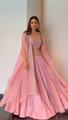 Pink Designer Chinon Semi-Stitched Lehenga Set with Elegant Tabby Organza Shrug ClothsVilla