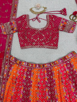 Pink Designer Digital Print Faux Georgette Lehenga Set with Sequence Embroidery & Dual Dupatta Clothsvilla