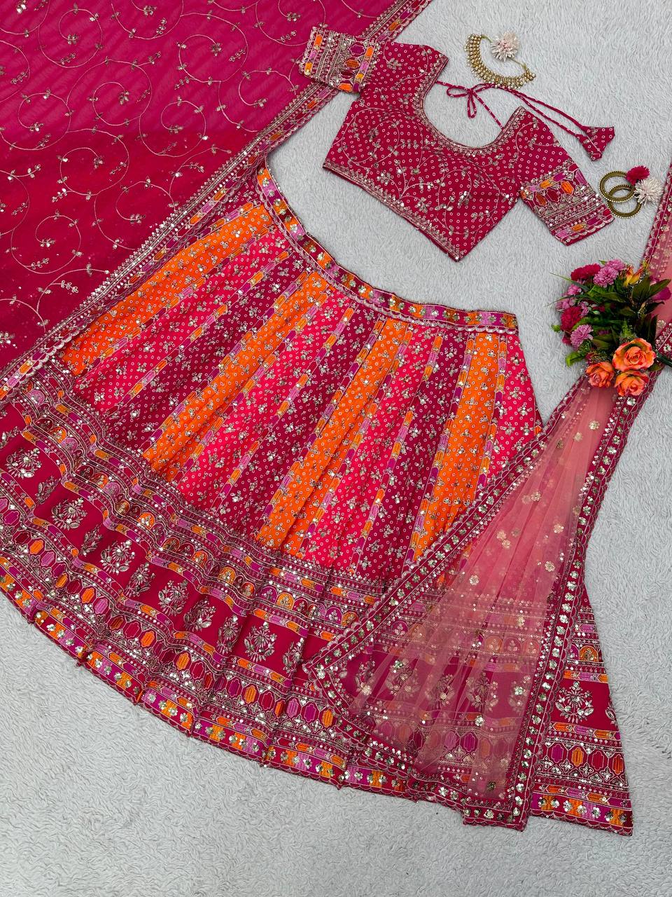 Pink Designer Digital Print Faux Georgette Lehenga Set with Sequence Embroidery & Dual Dupatta Clothsvilla