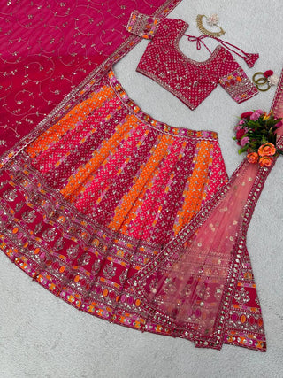 Pink Designer Digital Print Faux Georgette Lehenga Set with Sequence Embroidery & Dual Dupatta Clothsvilla