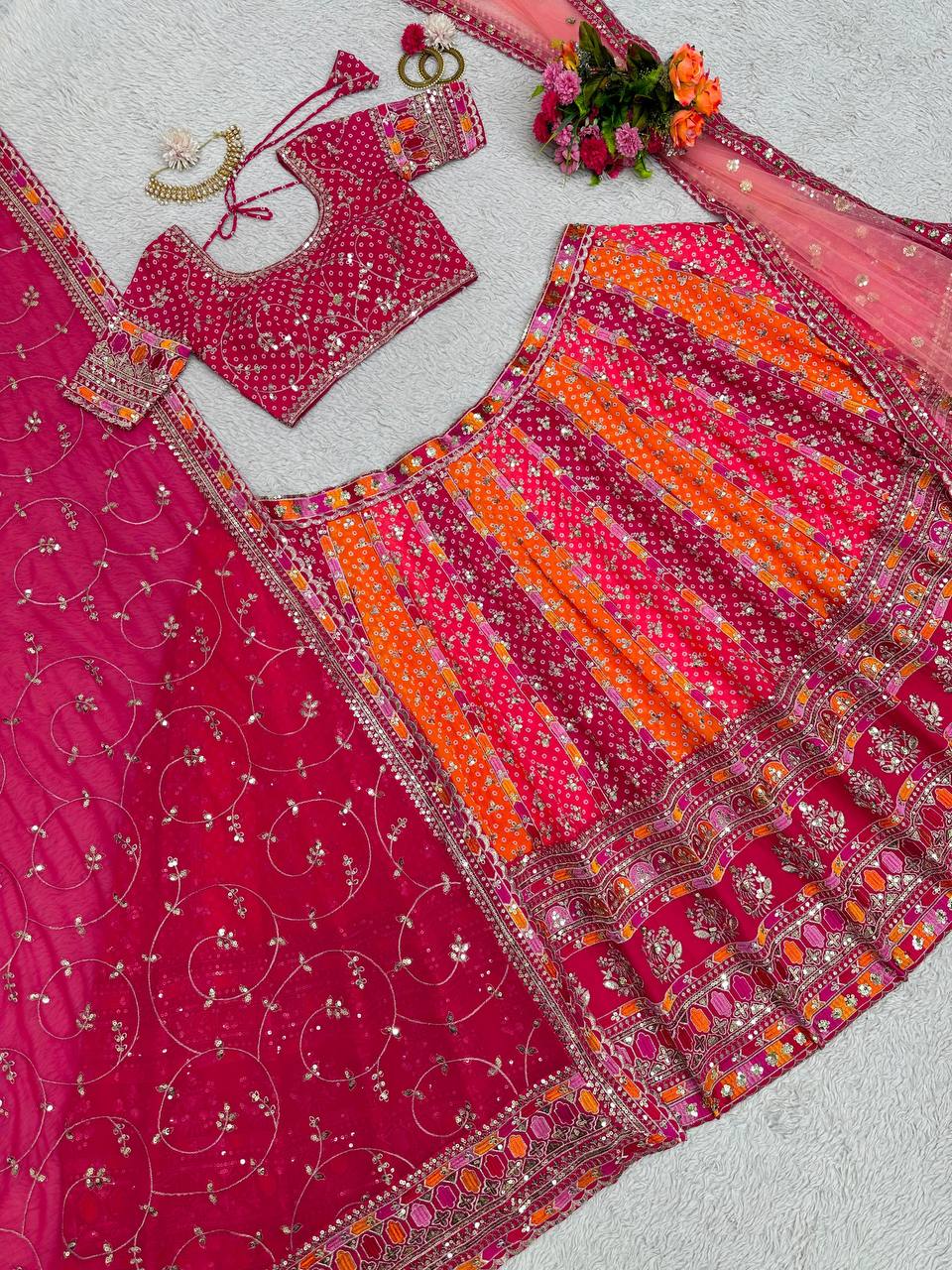Pink Designer Digital Print Faux Georgette Lehenga Set with Sequence Embroidery & Dual Dupatta Clothsvilla
