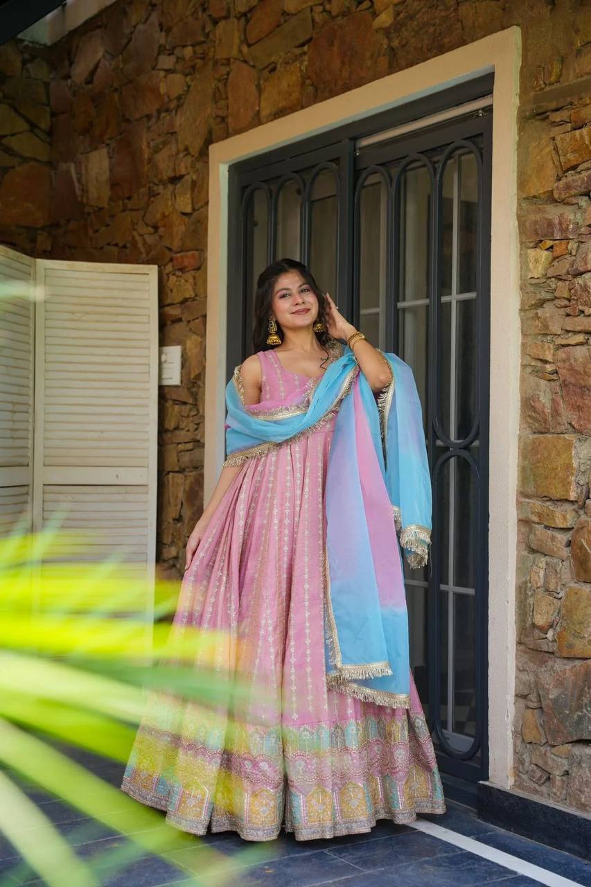 Pink Designer Digital Printed Organza Anarkali Gown with Dupatta ClothsVilla