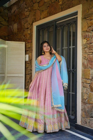 Pink Designer Digital Printed Organza Anarkali Gown with Dupatta ClothsVilla