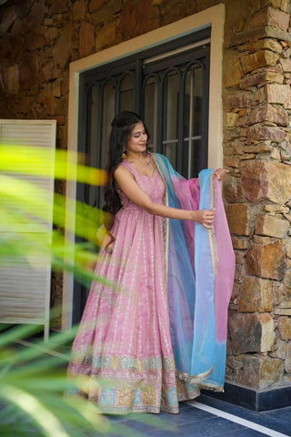 Pink Designer Digital Printed Organza Anarkali Gown with Dupatta ClothsVilla