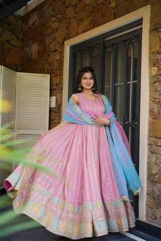Pink Designer Digital Printed Organza Anarkali Gown with Dupatta ClothsVilla