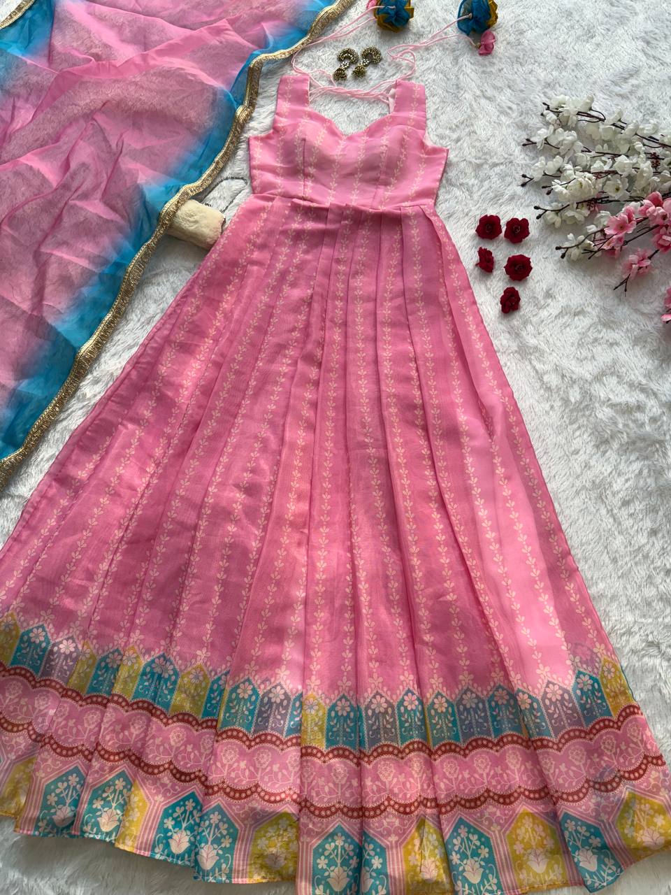 Pink Designer Digital Printed Organza Anarkali Gown with Dupatta ClothsVilla