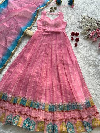 Pink Designer Digital Printed Organza Anarkali Gown with Dupatta ClothsVilla