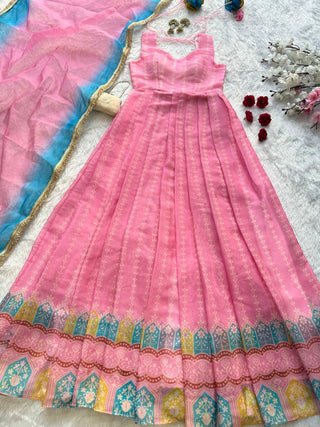 Pink Designer Digital Printed Organza Anarkali Gown with Dupatta ClothsVilla