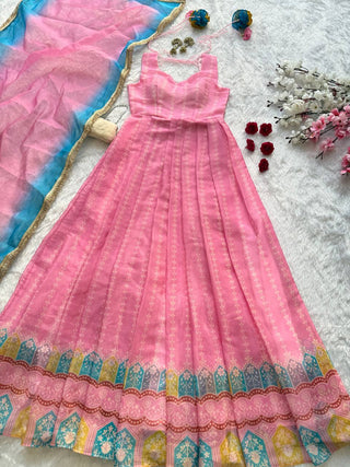 Pink Designer Digital Printed Organza Anarkali Gown with Dupatta ClothsVilla