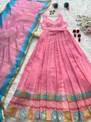 Pink Designer Digital Printed Organza Anarkali Gown with Dupatta ClothsVilla