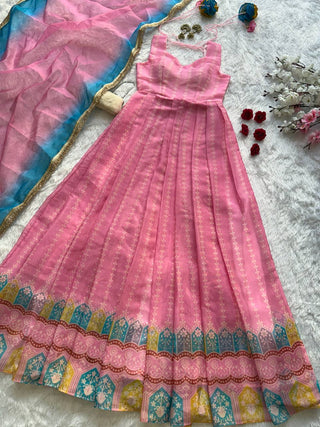 Pink Designer Digital Printed Organza Anarkali Gown with Dupatta ClothsVilla