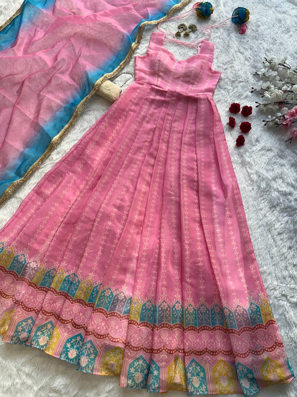 Pink Designer Digital Printed Organza Anarkali Gown with Dupatta ClothsVilla