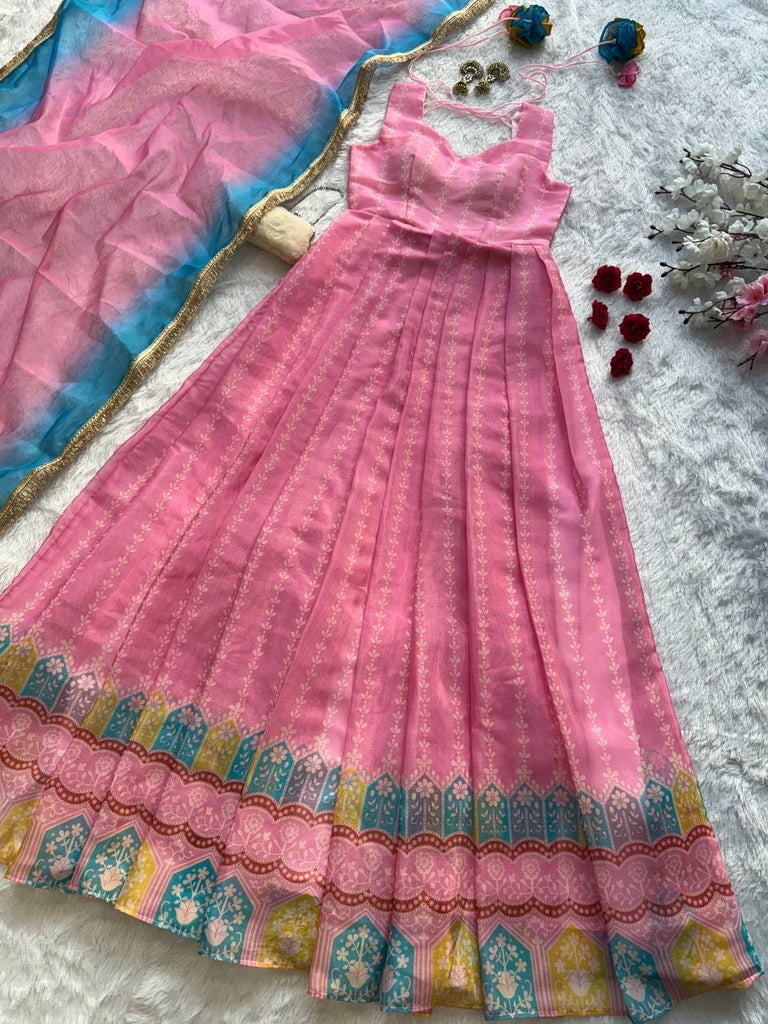 Pink Designer Digital Printed Organza Anarkali Gown with Dupatta ClothsVilla