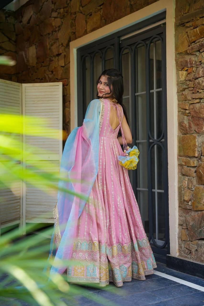 Pink Designer Digital Printed Organza Anarkali Gown with Dupatta ClothsVilla