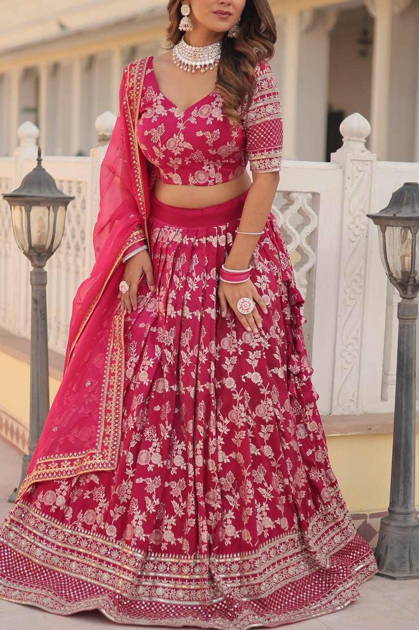 Pink Designer Dyeable Pure Viscose Jacquard Fabric Lehenga Choli & Dupatta Set ClothsVilla