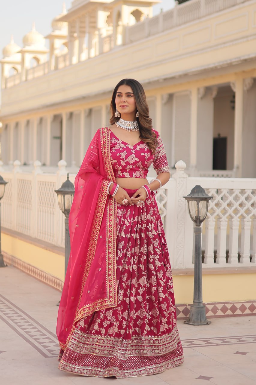 Pink Designer Dyeable Pure Viscose Jacquard Fabric Lehenga Choli & Dupatta Set Secondary image