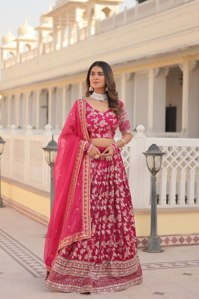 Pink Designer Dyeable Pure Viscose Jacquard Fabric Lehenga Choli & Dupatta Set ClothsVilla