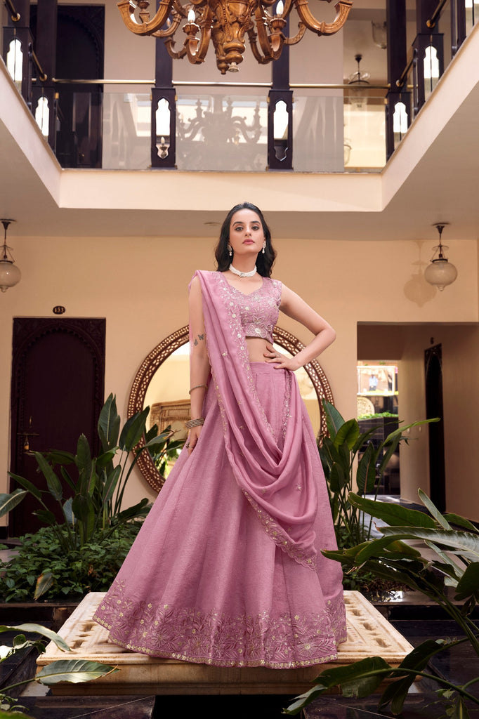 Pink Designer Embellished Lehenga Set in Vichitra Silk, Weone Silk, Star Georgette & New Crush Clothsvilla