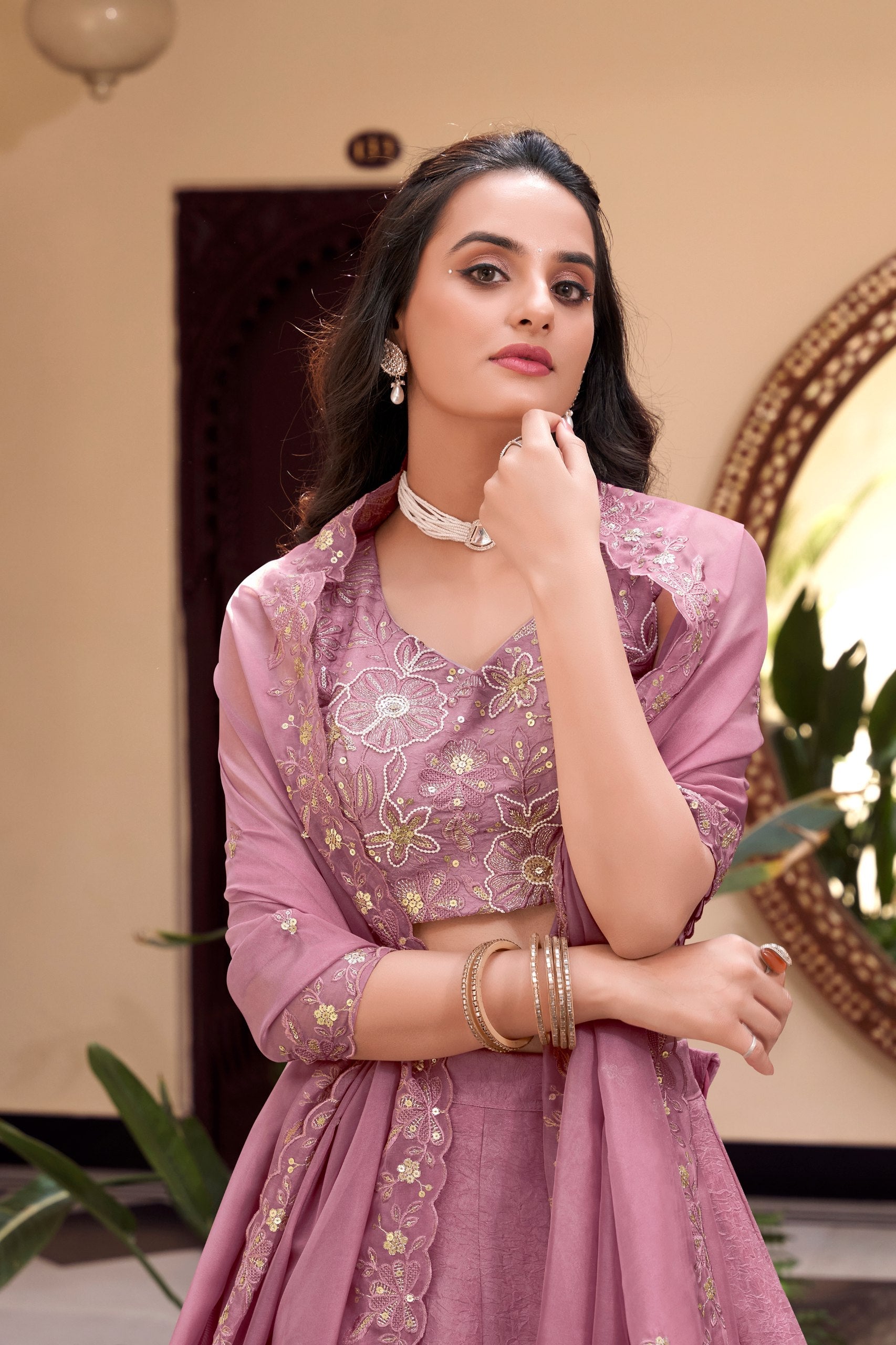 Pink Designer Embellished Lehenga Set in Vichitra Silk, Weone Silk, Star Georgette & New Crush Clothsvilla