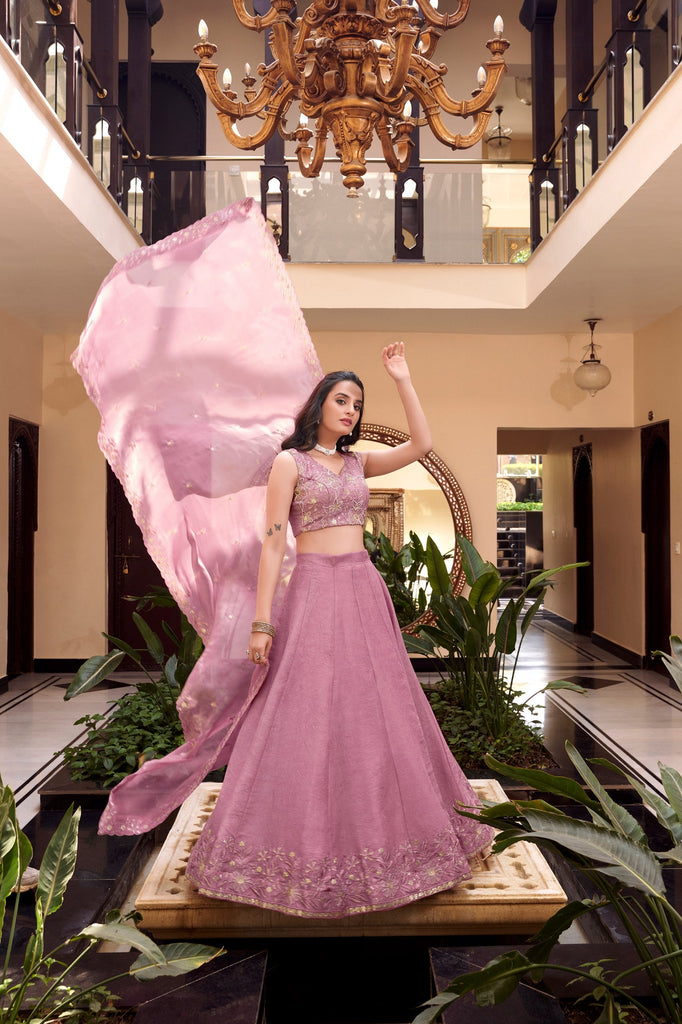Pink Designer Embellished Lehenga Set in Vichitra Silk, Weone Silk, Star Georgette & New Crush Clothsvilla