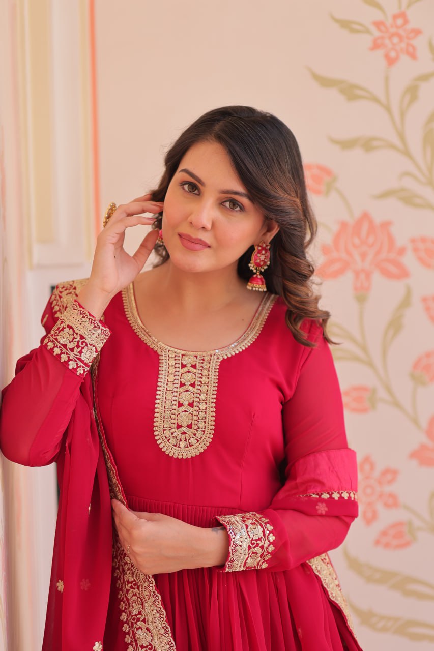 Pink Designer Faux Georgette Gown with Zari & Sequins Embroidery and Embroidered Dupatta – Luxury Ethnic Set ClothsVilla