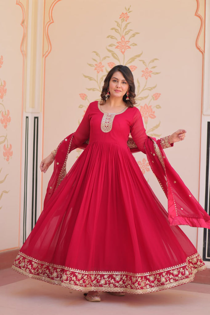 Pink Designer Faux Georgette Gown with Zari & Sequins Embroidery and Embroidered Dupatta – Luxury Ethnic Set ClothsVilla