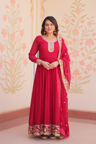 Pink Designer Faux Georgette Gown with Zari & Sequins Embroidery and Embroidered Dupatta – Luxury Ethnic Set ClothsVilla