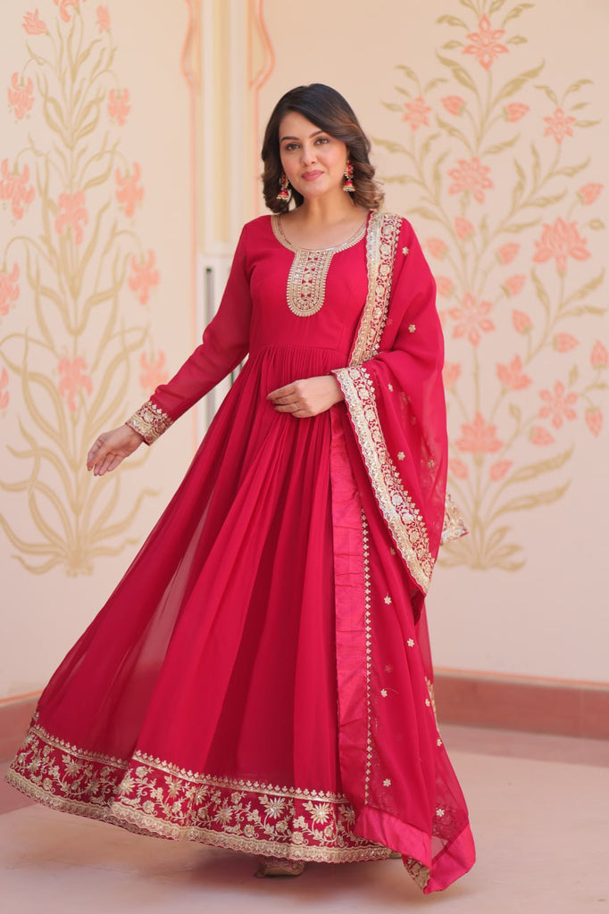 Pink Designer Faux Georgette Gown with Zari & Sequins Embroidery and Embroidered Dupatta – Luxury Ethnic Set ClothsVilla