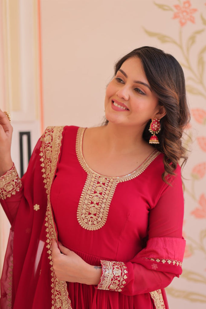 Pink Designer Faux Georgette Gown with Zari & Sequins Embroidery and Embroidered Dupatta – Luxury Ethnic Set ClothsVilla