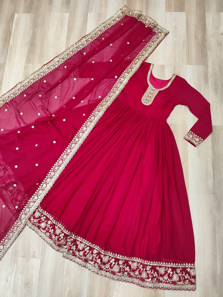 Pink Designer Faux Georgette Gown with Zari & Sequins Embroidery and Embroidered Dupatta – Luxury Ethnic Set ClothsVilla