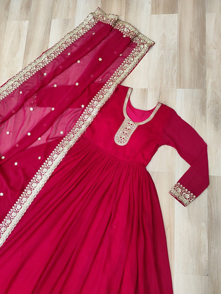 Pink Designer Faux Georgette Gown with Zari & Sequins Embroidery and Embroidered Dupatta – Luxury Ethnic Set ClothsVilla