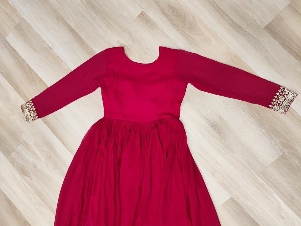 Pink Designer Faux Georgette Gown with Zari & Sequins Embroidery and Embroidered Dupatta – Luxury Ethnic Set ClothsVilla