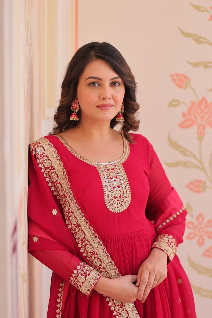 Pink Designer Faux Georgette Gown with Zari & Sequins Embroidery and Embroidered Dupatta – Luxury Ethnic Set ClothsVilla