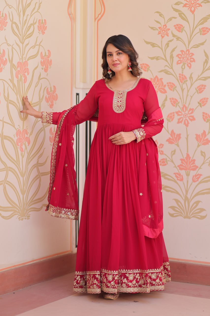 Pink Designer Faux Georgette Gown with Zari & Sequins Embroidery and Embroidered Dupatta – Luxury Ethnic Set ClothsVilla