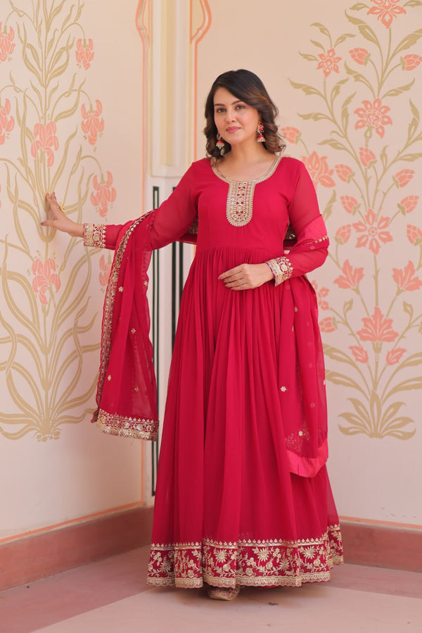 Pink Designer Faux Georgette Gown with Zari & Sequins Embroidery and Embroidered Dupatta – Luxury Ethnic Set ClothsVilla