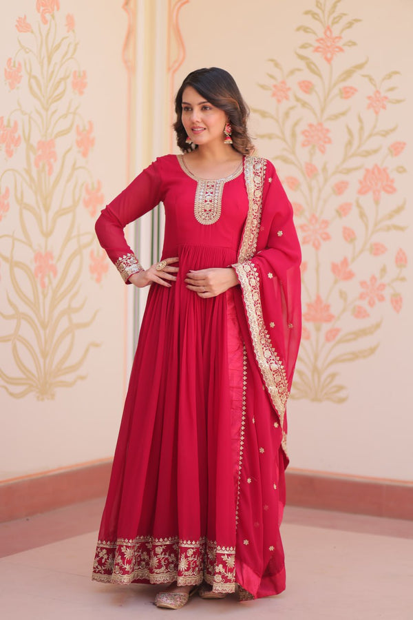 Pink Designer Faux Georgette Gown with Zari & Sequins Embroidery and Embroidered Dupatta – Luxury Ethnic Set ClothsVilla