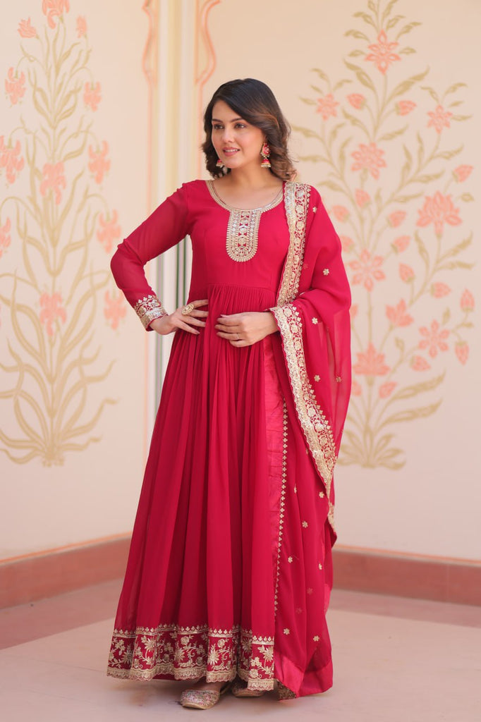 Pink Designer Faux Georgette Gown with Zari & Sequins Embroidery and Embroidered Dupatta – Luxury Ethnic Set ClothsVilla