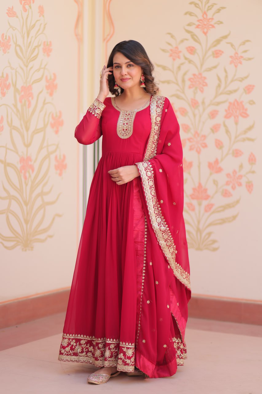 Pink Designer Faux Georgette Gown with Zari & Sequins Embroidery and Embroidered Dupatta – Luxury Ethnic Set ClothsVilla