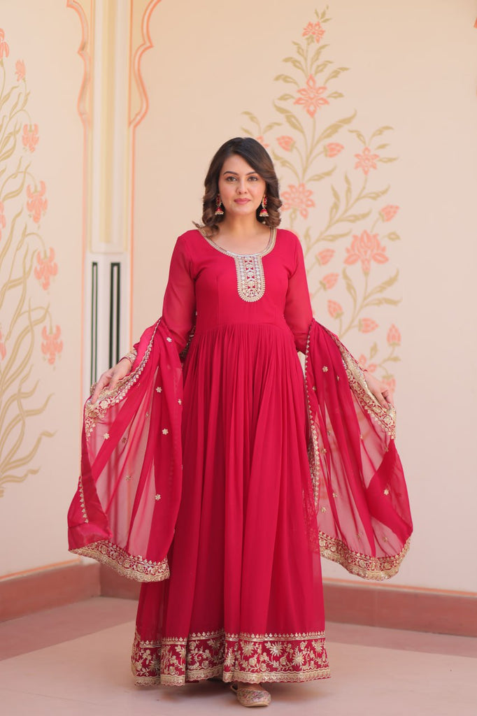Pink Designer Faux Georgette Gown with Zari & Sequins Embroidery and Embroidered Dupatta – Luxury Ethnic Set ClothsVilla