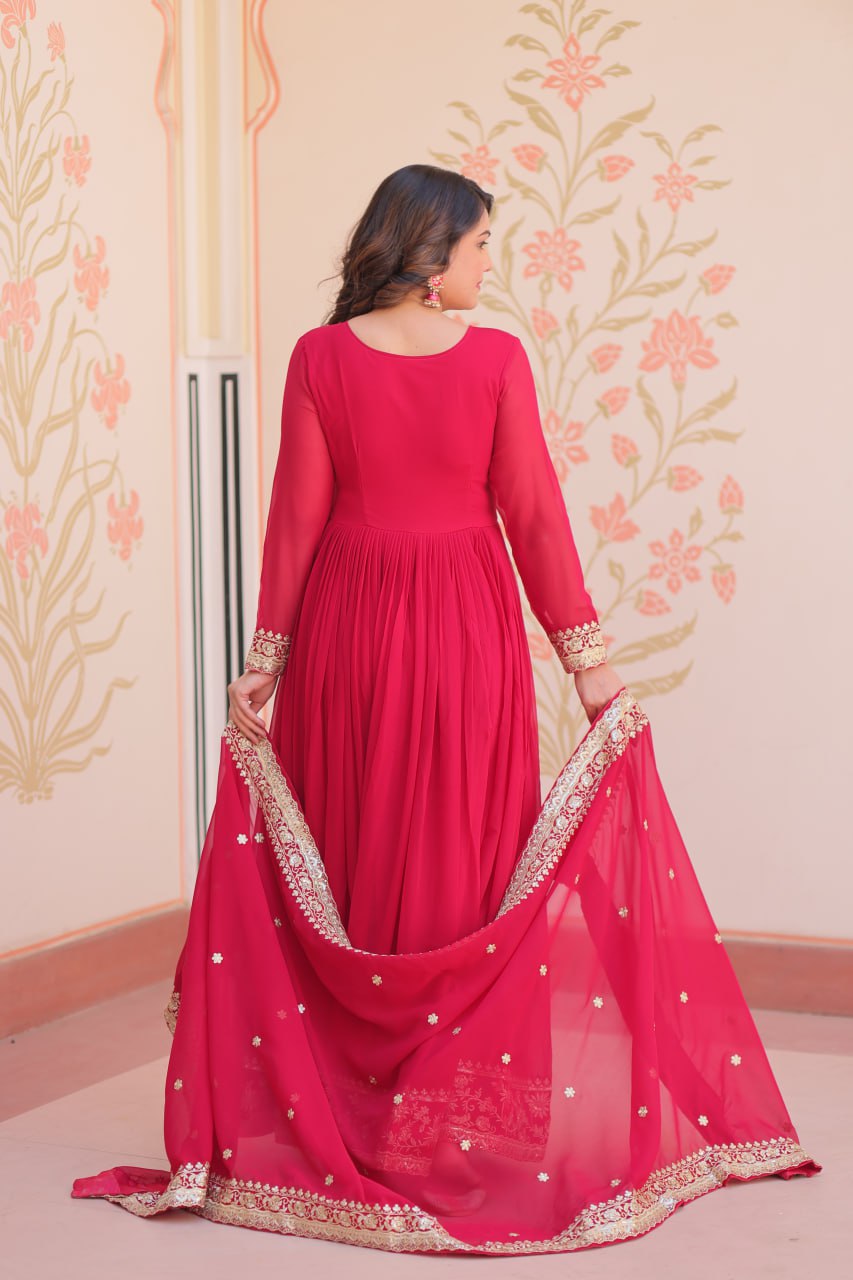Pink Designer Faux Georgette Gown with Zari & Sequins Embroidery and Embroidered Dupatta – Luxury Ethnic Set ClothsVilla