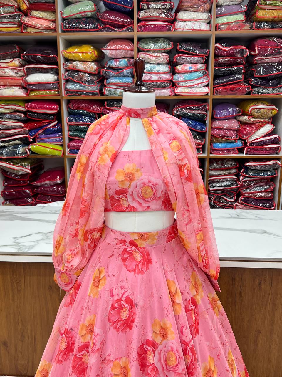 Pink Designer Floral Tabby Organza Silk Lehenga Choli Set ClothsVilla