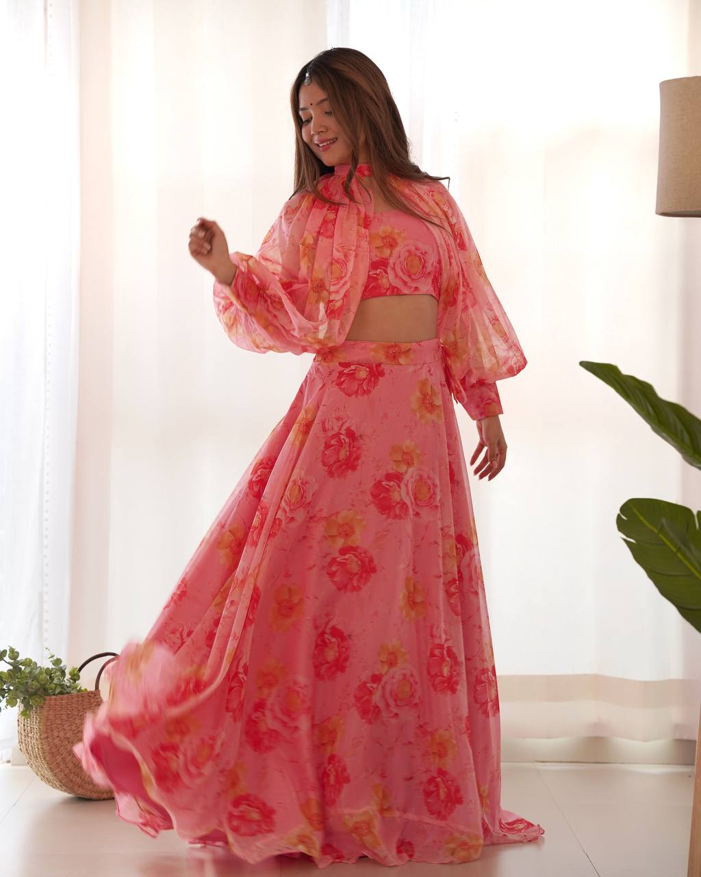 Pink Designer Floral Tabby Organza Silk Lehenga Choli Set ClothsVilla