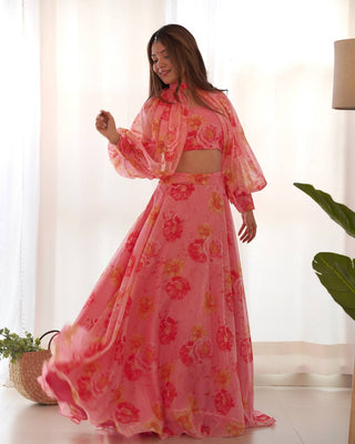 Pink Designer Floral Tabby Organza Silk Lehenga Choli Set ClothsVilla