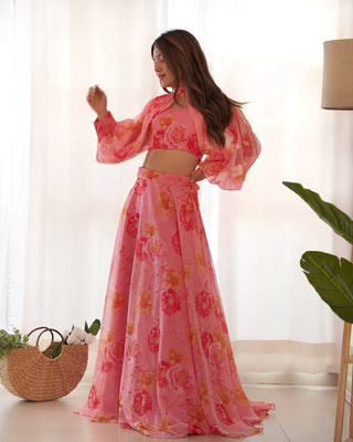 Pink Designer Floral Tabby Organza Silk Lehenga Choli Set ClothsVilla