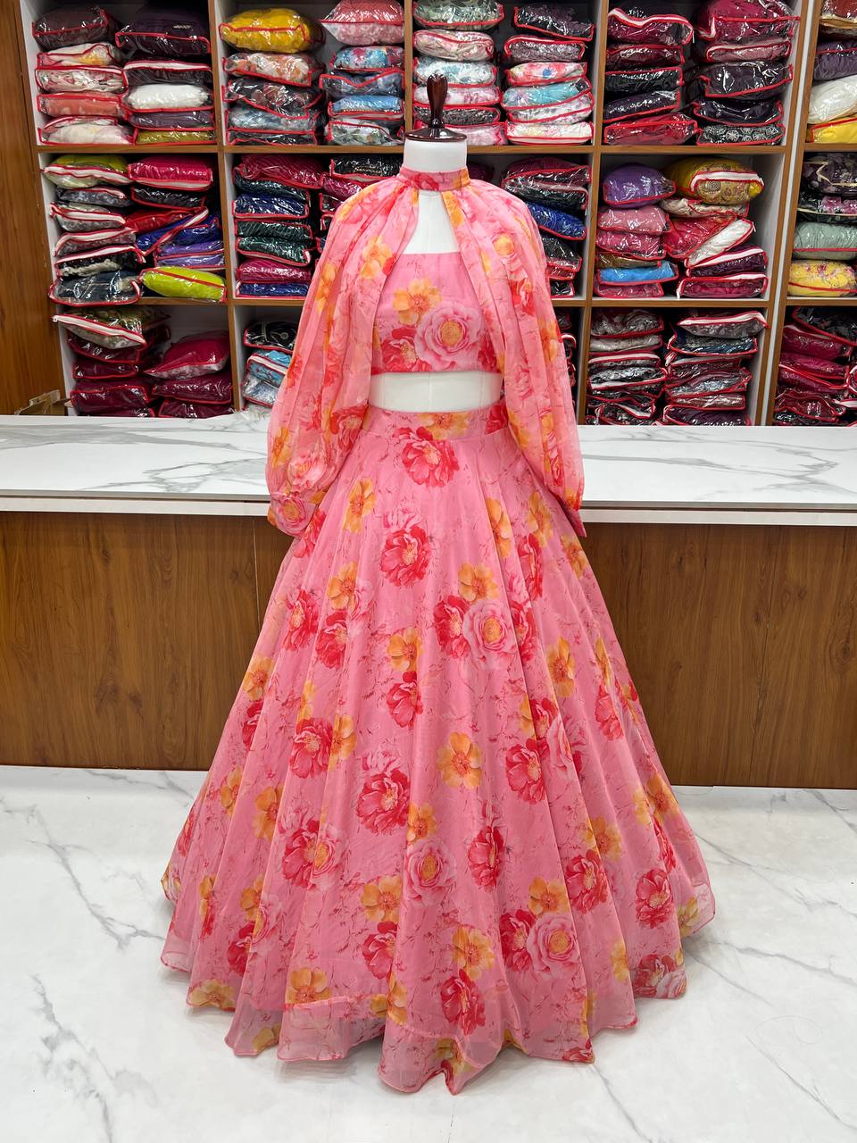 Pink Designer Floral Tabby Organza Silk Lehenga Choli Set ClothsVilla