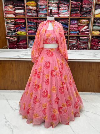 Pink Designer Floral Tabby Organza Silk Lehenga Choli Set ClothsVilla