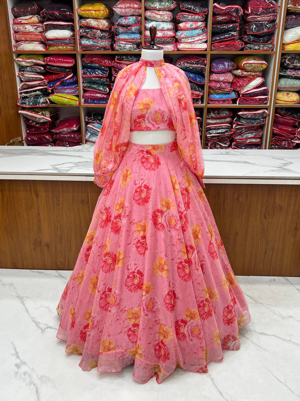 Pink Designer Floral Tabby Organza Silk Lehenga Choli Set ClothsVilla