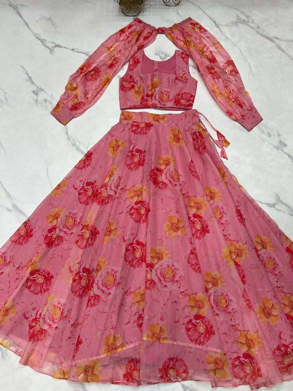 Pink Designer Floral Tabby Organza Silk Lehenga Choli Set ClothsVilla