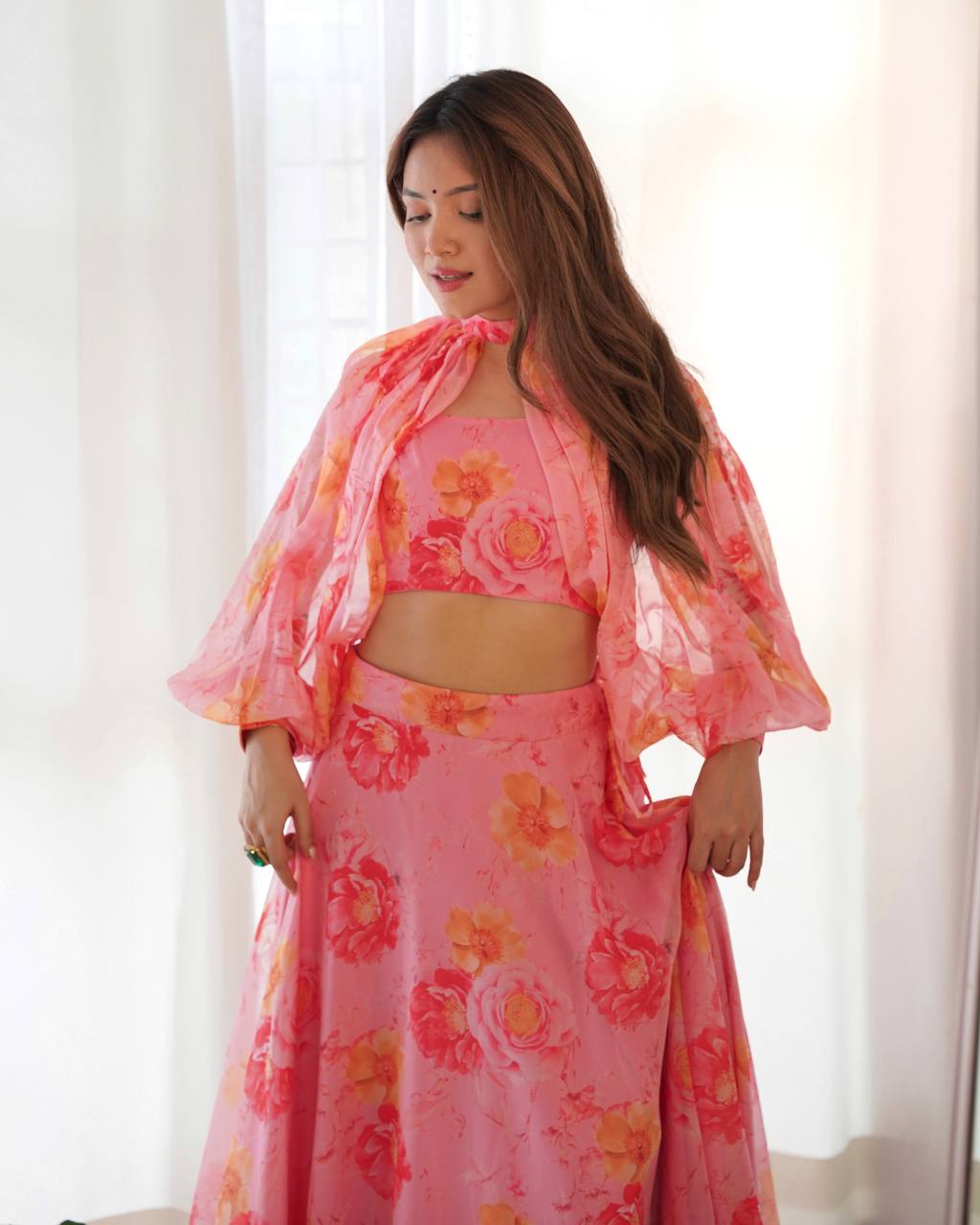 Pink Designer Floral Tabby Organza Silk Lehenga Choli Set ClothsVilla