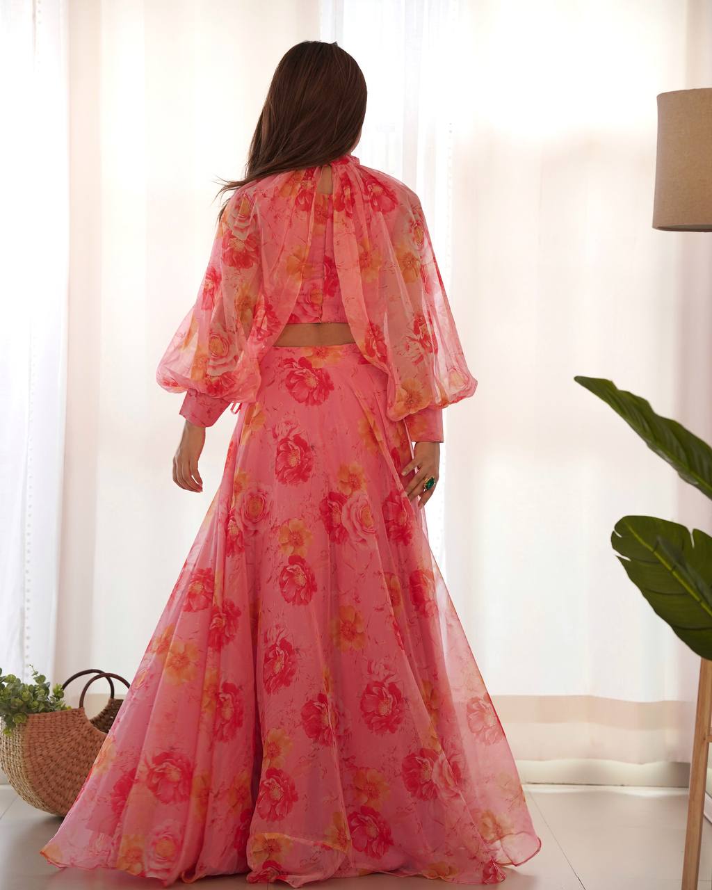 Pink Designer Floral Tabby Organza Silk Lehenga Choli Set ClothsVilla
